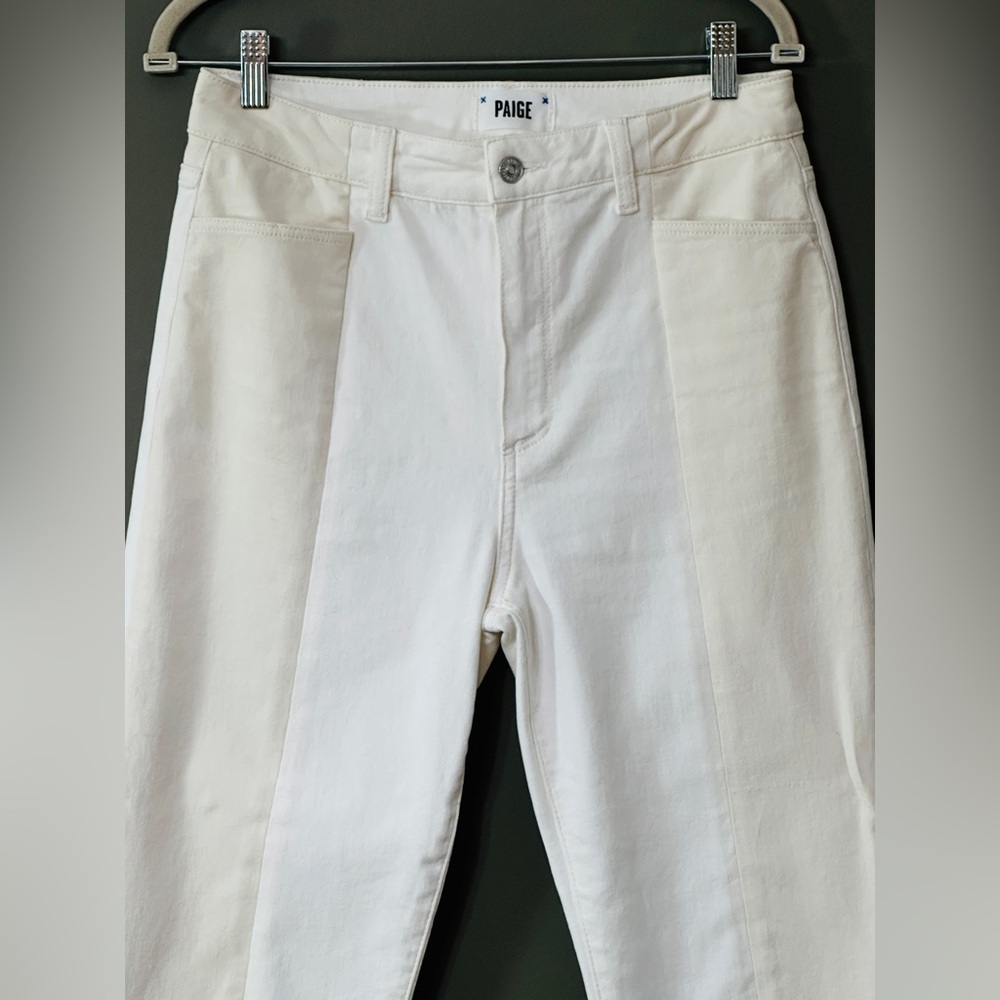 PAIGE Ecru Sunrise Stella Jean 2-panel 30 Fray Raw Hem Split Crop Straight Denim - Picture 14 of 16